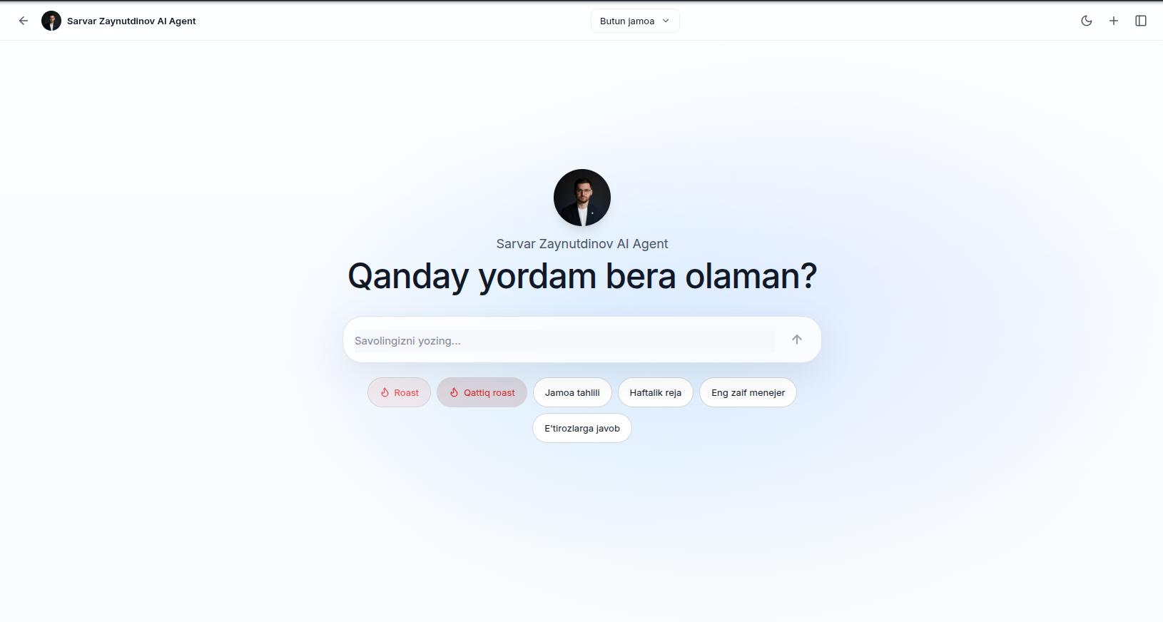 Sarvar Zaynutdinov AI Agent chati